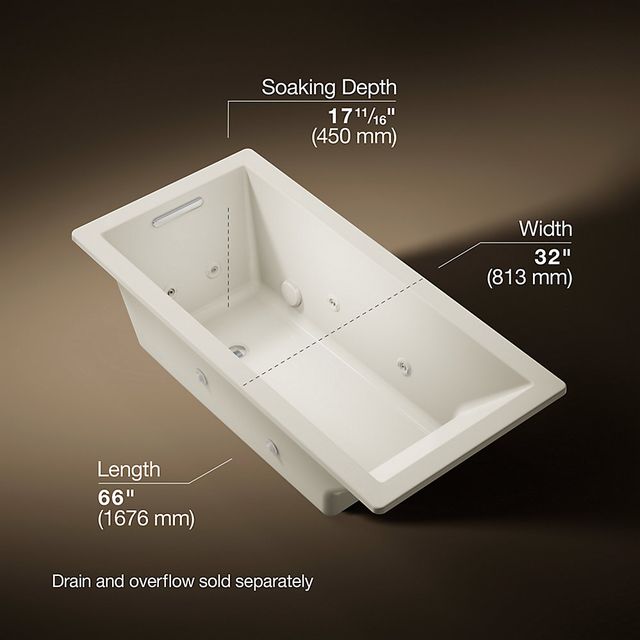 KOHLER® Underscore® Biscuit 66" x 32" Drop-In Heated Whirlpool Bath-2