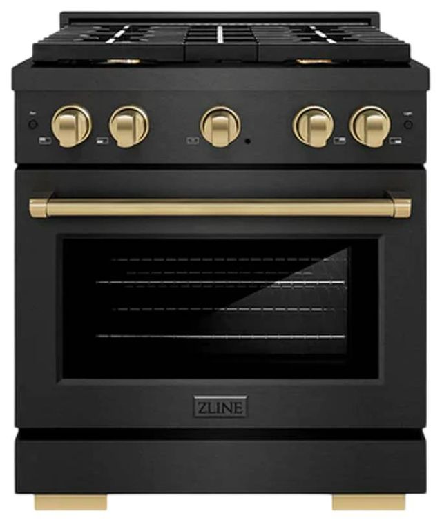 ZLINE Autograph Edition Paramount 30" Black Satin Stainless Steel/Champagne Bronze Gas Range with 4 Burner Cooktop and Convection Gas Oven-0