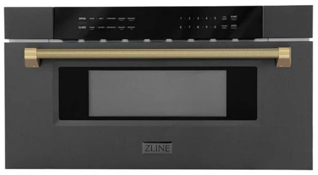ZLINE Autograph Edition 30" 1.2 Cu. Ft. Black Stainless Steel Built-in Microwave Drawer with Champagne Bronze Helix Handle-0