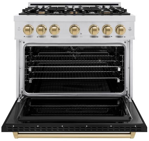ZLINE Classic Series Autograph Edition 36" Stainless Steel Pro Style Dual Fuel Range with Black Matte Door and Champagne Bronze Accents-3