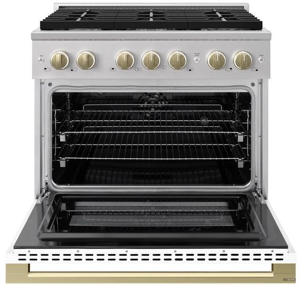 ZLINE Marino 36" Stainless Steel Pro Style Dual Fuel Range with White Matte Door and Champagne Bronze Accents-1