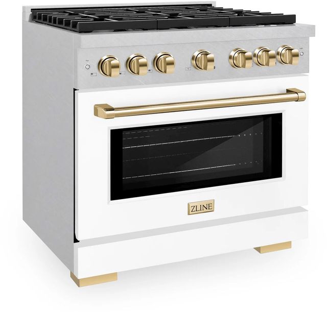 ZLINE Autograph Edition Paramount 36" Satin Stainless Steel Pro Style Dual Fuel Range with White Matte Door and Polished Gold Accents-2