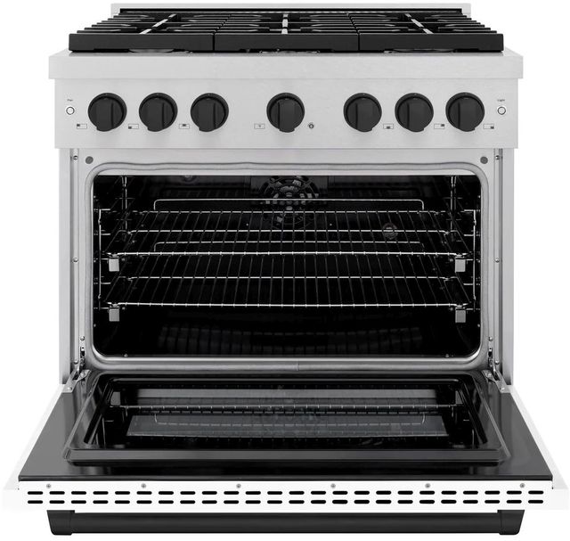ZLINE Autograph Edition Paramount 36" Satin Stainless Steel Pro Style Dual Fuel Range with White Matte Door and Matte Black Accents-1