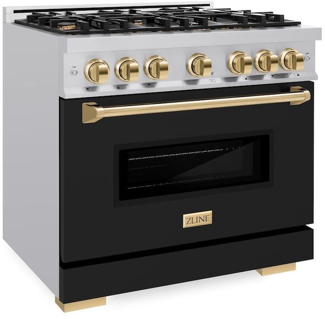 ZLINE Classic 36" Stainless Steel Pro Style Gas Range with Black Matte Door and Polished Gold Accents -3