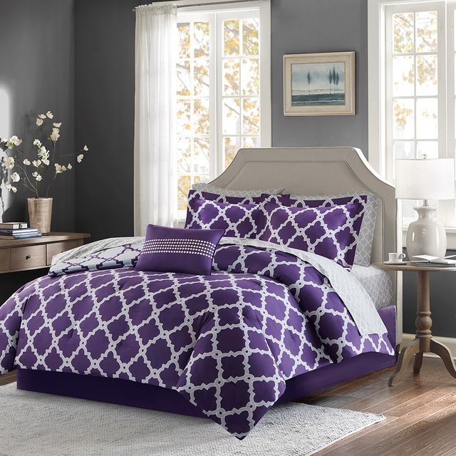 Olliix by Madison Park Essentials Merritt Purple/Grey Twin Reversible Complete Comforter and Cotton Sheet Set-0