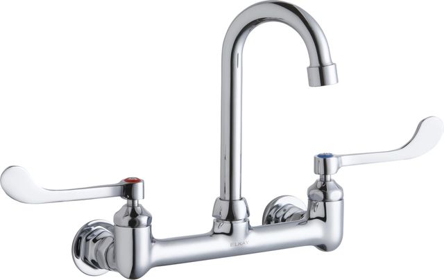 Elkay Chrome Scrub/Handwash 8" Centerset Wall Mount Faucet with 4" Gooseneck Spout and 4" Wristblade Handles-0