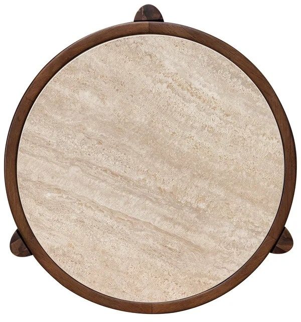 LH Home Remix Round Brown Wooden Side Table with Travertine Top-4