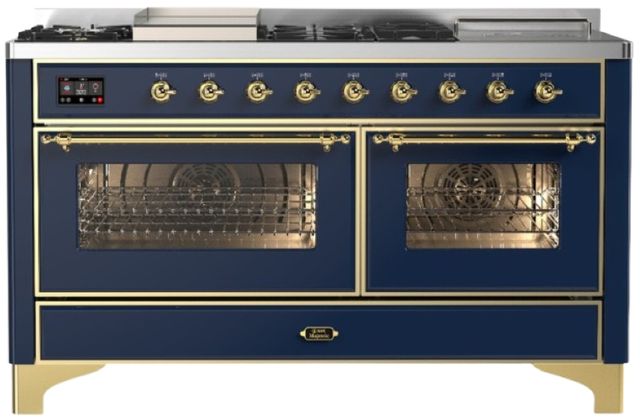 Ilve® Majestic III 60" Midnight Blue Pro Style Dual Fuel Liquid Propane Range with French Top and Brass Trim-0