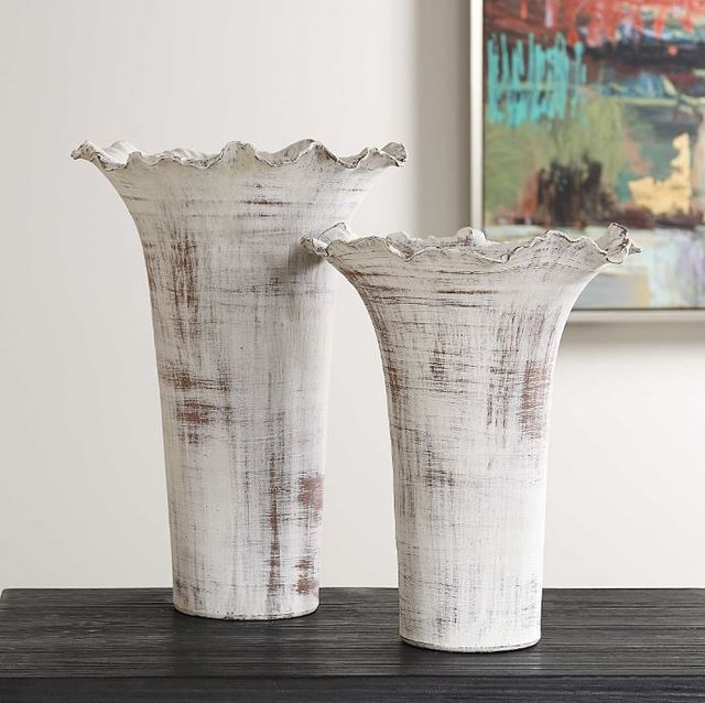Uttermost® Ruffled Petal 2-Piece Distressed White Vase Set-1