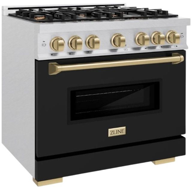 ZLINE Classic Series Autograph Edition 36" Satin Stainless Steel Pro Style Dual Fuel Range with Black Matte Door and Polished Gold Accents-2