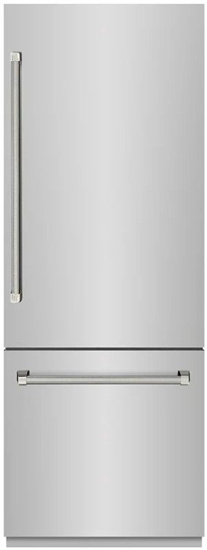 ZLINE Autograph Edition 30" 16.1 Cu. Ft. Stainless Steel Built In Bottom Freezer Refrigerator with Water Dispenser, Ice Maker, Graphite Gray Interior and Polished Nickel Helix Handles-0