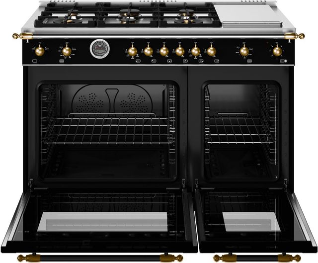 Bertazzoni Heritage Series 48" Fingerprint Resistant Nero Matt Pro Style Gas Range with Gold Accents-1