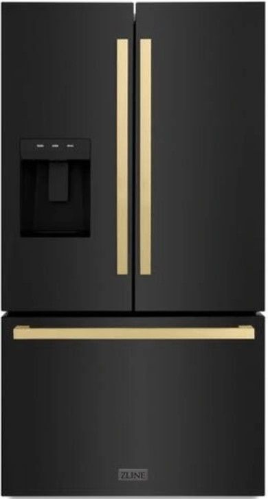 ZLINE Autograph Edition 36". 28.89 Cu. Ft. Fingerprint Resistant Black Stainless Steel French Door Refrigerator with Champagne Bronze Modern Handles-0