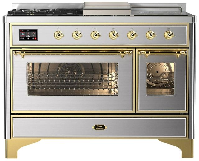 Ilve® Majestic III 48" Stainless Steel Pro Style Dual Fuel Liquid Propane Range with Triple Glass Door and Brass Trim-0