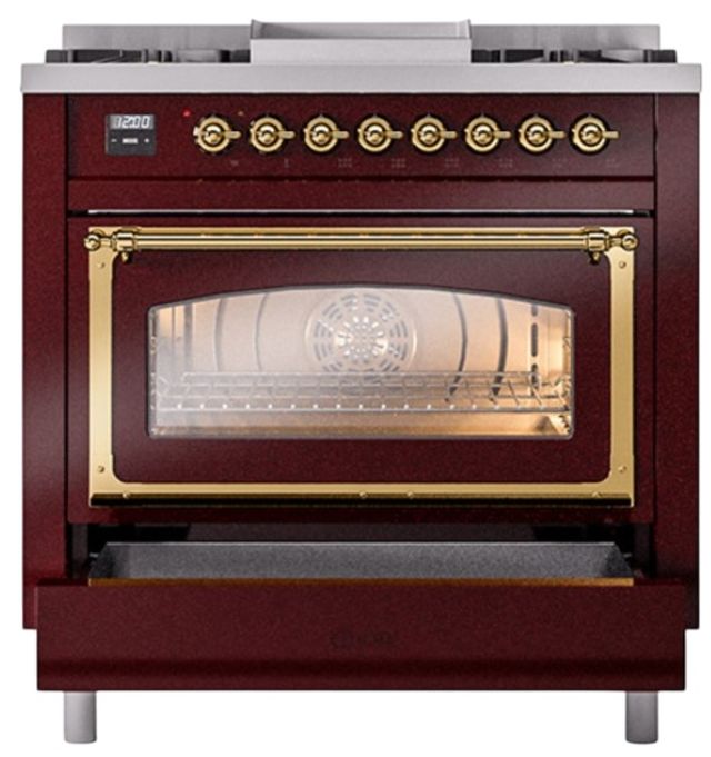Ilve® Nostalgie II Noblesse 36'' Burgundy Pro Style Dual Fuel Range with Brass Trim-3