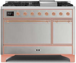 front view of the Ilve® Majestic II Series 48" Stainless Steel Freestanding Dual Fuel Natural Gas Range