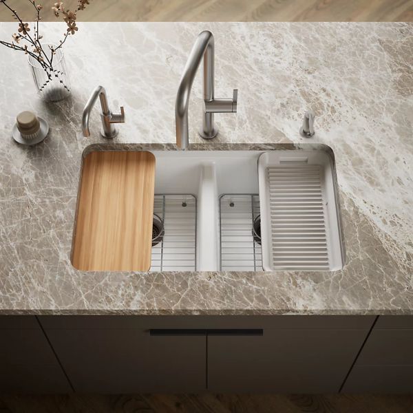 KOHLER® Riverby® White 33" Undermount Double-Equal Bowl Workstation Kitchen Sink with Accessories-0