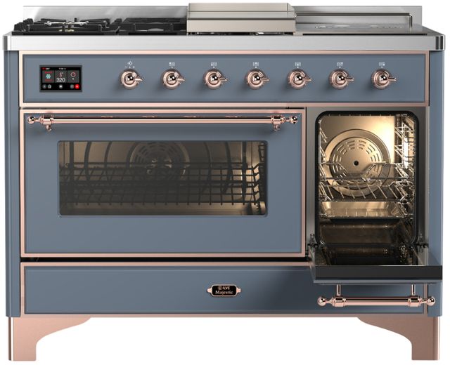 Ilve® Majestic III 48" Blue Gray Pro Style Dual Fuel Liquid Propane Range with 5 Black Brass Burners and Copper Trim-3