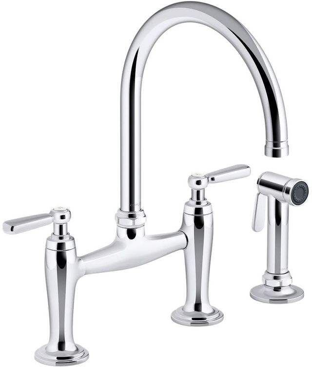 KOHLER® Edalyn™ by Studio Mcgee Polished Chrome Two-Hole Bridge Kitchen Sink Faucet with Side Sprayer-0
