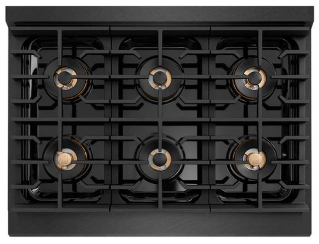 ZLINE Designer Collection Paramount 36" 5.2 Cu. Ft. Black Satin Stainless Steel Gas Range with 6 Burner DuoPro™ Cooktop and Convection Gas Oven with Black Matte and Champagne Bronze Accents-2