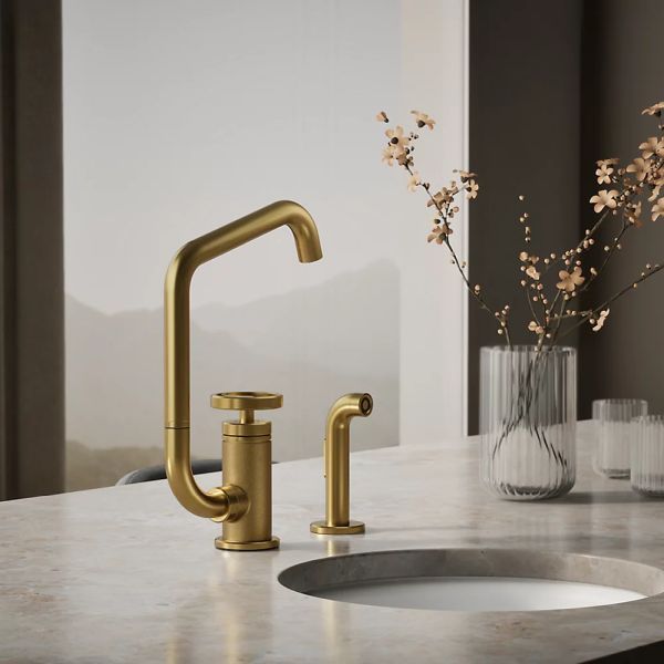 KOHLER® Billet® Vibrant Brushed Moderne Brass Single Round-Handle Bar Sink Faucet with 2-Function Extended-Reach Spout and Side Sprayer-1