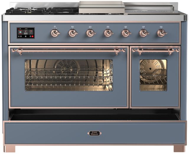 Ilve® Majestic III 48" Blue Gray Pro Style Dual Fuel Liquid Propane Range with 5 Black Brass Burners and Copper Trim-1