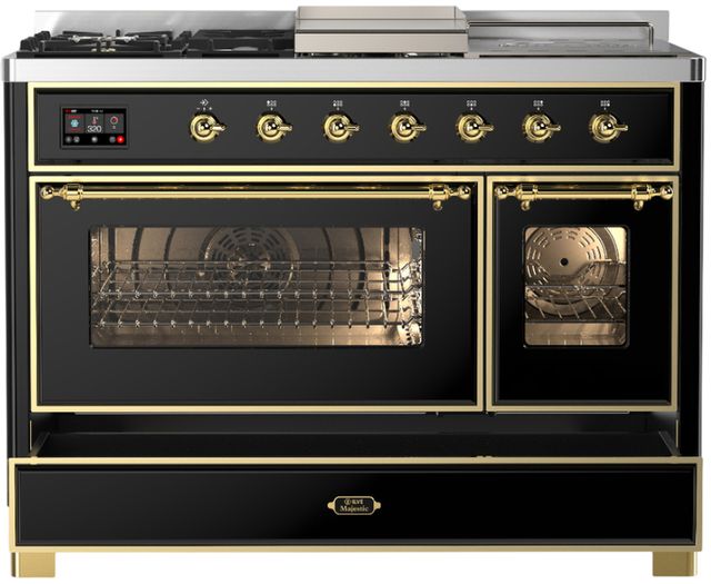 Ilve® Majestic III 48" Glossy Black Pro Style Dual Fuel Natural Gas Range with 5 Black Brass Burners and Brass Trim-1