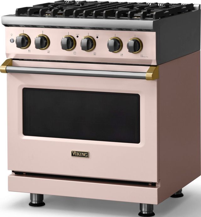 Viking® 5 Series 30" Blush Pro Style Dual Fuel (NG) Range with Brushed Brass Trim-3