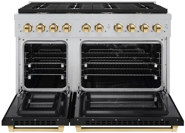 ZLINE Autograph Edition Paramount 48" Satin Stainless Steel Pro Style Dual Fuel Range with Black Matte Door and Polished Gold Accents-1