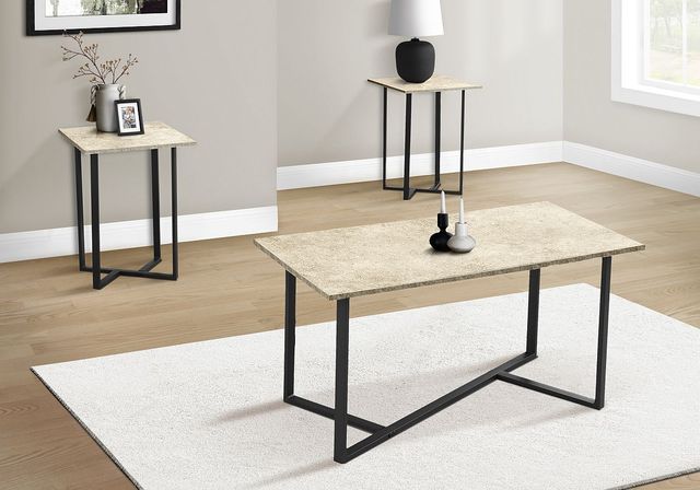 Monarch Specialties Inc. 3-Piece Cream Stone Accent Tables Set with Black Metal Bases-1