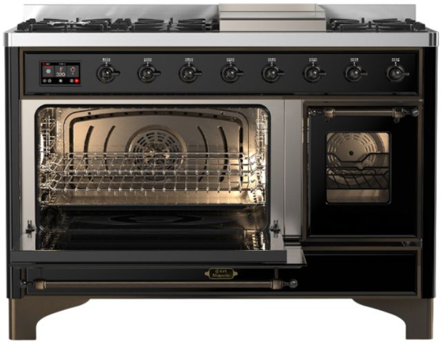 Ilve® Majestic III 48" Glossy Black Pro Style Dual Fuel Natural Gas Range with Triple Glass Door and Burnished Trim-3