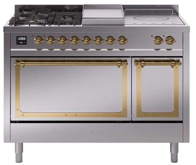 Ilve® Nostalgie II Noblesse 48'' Stainless Steel Pro Style Dual Fuel Range with Brass Trim-0