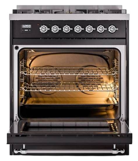 Ilve® Nostalgie II Noblesse 30" Glossy Black Pro Style Dual Fuel Range with Chrome Trim-2