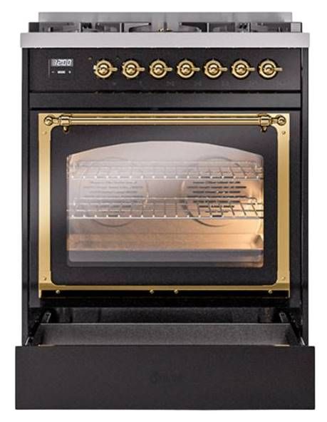 Ilve® Nostalgie II Noblesse 30" Glossy Black Pro Style Dual Fuel Range with Brass Trim-3