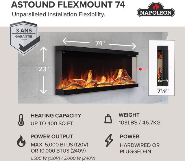 Napoleon Astound™ FlexMount Series 74'' Black Wall Mounted Electric Fireplace-4