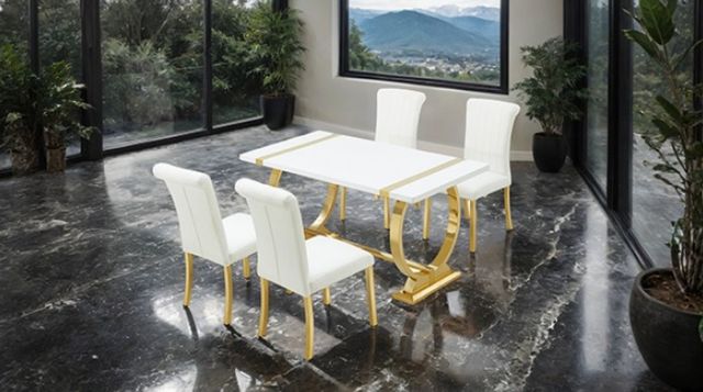 Furniture of America® Holstebro 5-Piece White 60" Dining Table Set with Gold Base-1
