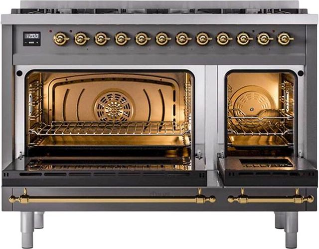 Ilve® Nostalgie II 48" Graphite Matte Pro Style Dual Fuel Range with Brass Trim-1