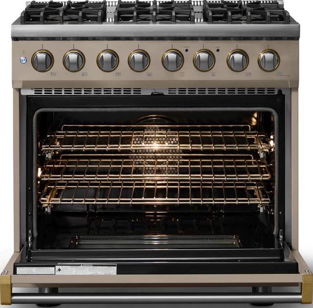 Viking® 5 Series 36" Nantucket Pro Style Dual Fuel (NG) Range with Brushed Brass Trim-1
