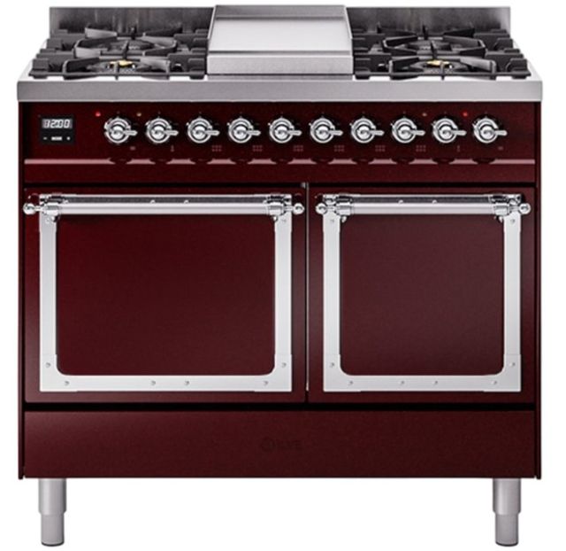 Ilve® Nostalgie II Noblesse 40'' Burgundy Pro Style Dual Fuel Range with Chrome Trim-0