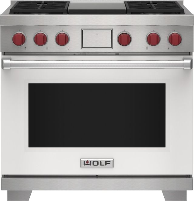 Wolf® 36" Stainless Steel Pro Style Dual Fuel Range with White Door-1