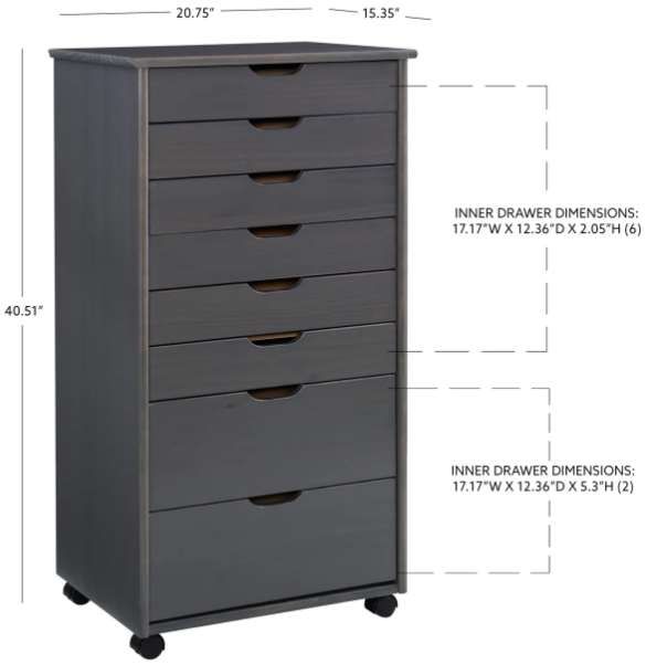 Linon Cary Gray 8-Drawer Rolling Storage Cart-2