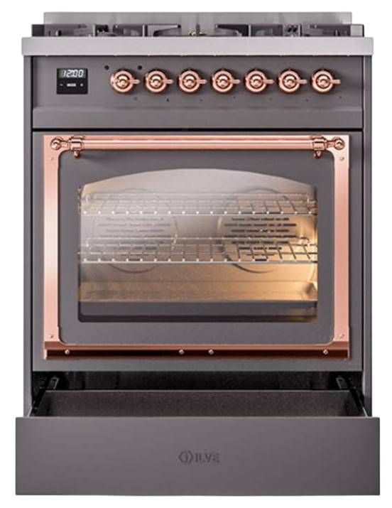 Ilve® Nostalgie II Noblesse 30" Graphite Matte Pro Style Dual Fuel Range with Copper Trim-3