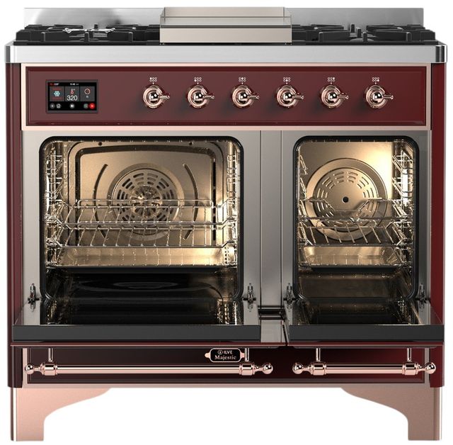 Ilve® Majestic III 40" Burgundy Pro Style Dual Fuel Liquid Propane Range with Triple Glass Door and Copper Trim-1