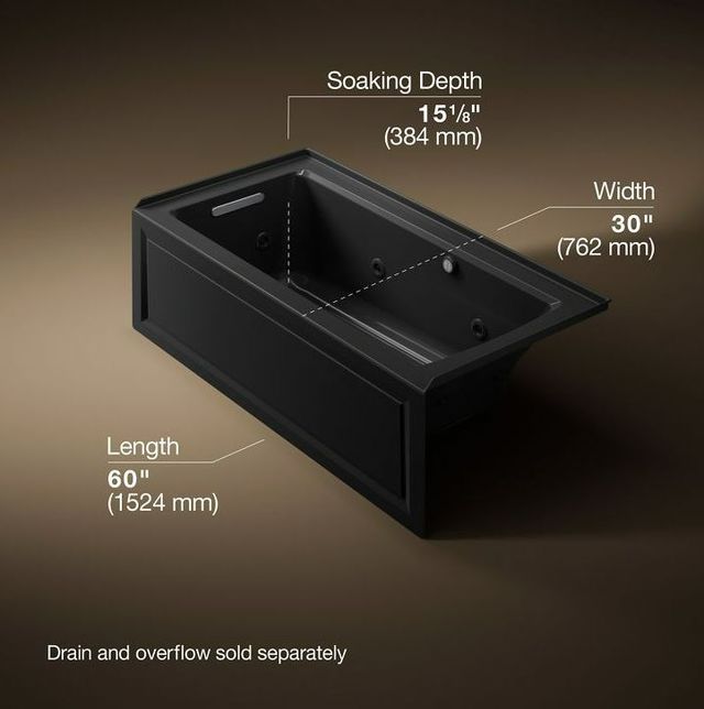 KOHLER® Archer® Black 60" x 30" Alcove Whirlpool Bath with Bask® Heated Surface - Left Drain-3