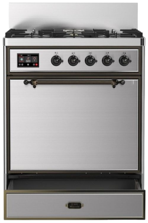 Ilve® Majestic III 30" Stainless Steel Pro Style Dual Fuel Liquid Propane Range with Solid Door and Burnished Trim-2