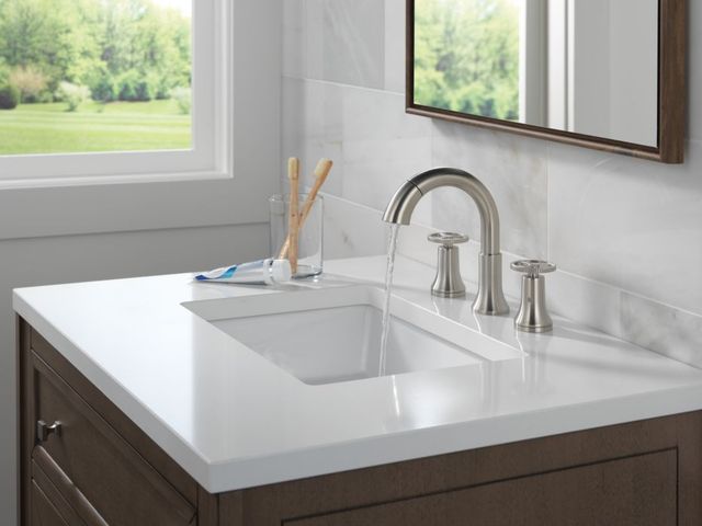 Delta Trinsic® Stainless 2-Handle Wheel Widespread Pull Down Bathroom-1