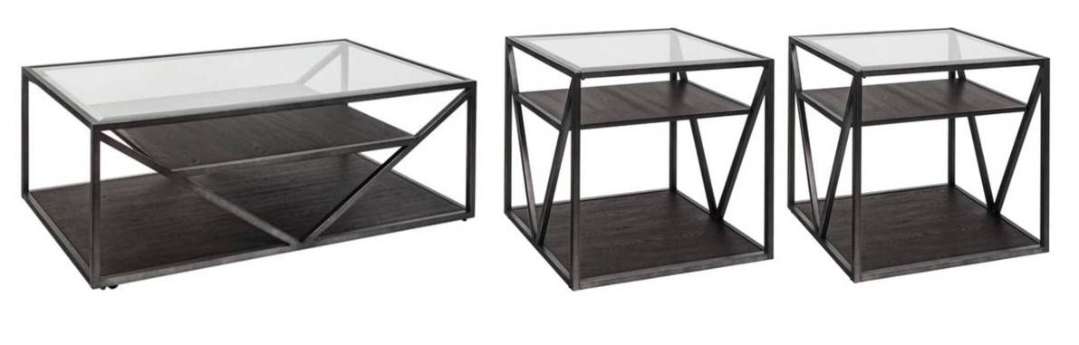 Liberty Furniture Arista 3-Piece Cobblestone Glass Top Cocktail Table Set with Black Metal Frames