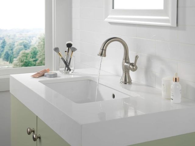 Delta Cassidy® Stainless Single Handle Pull Down Bathroom Faucet with Drain-1