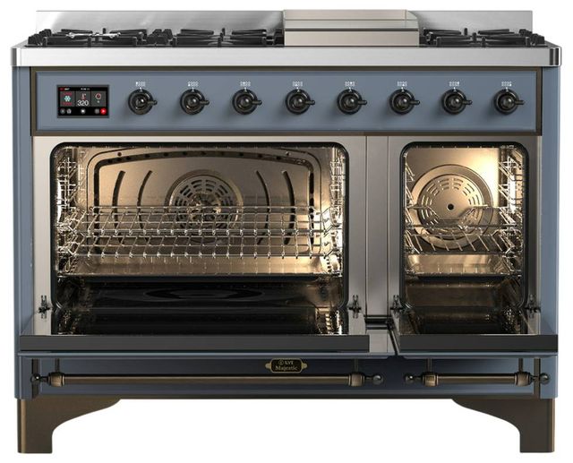 Ilve® Majestic III 48" Blue Gray Pro Style Dual Fuel Liquid Propane Range with Triple Glass Door and Burnished Trim-1