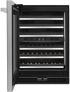 Front view of the opened JennAir® NOIR™ 24" Black Under the Counter Wine Cooler